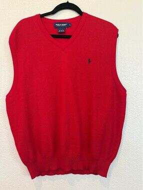 Polo Golf Ralph Lauren Men's Red Cotton V-Neck Sweater Vest Size Large